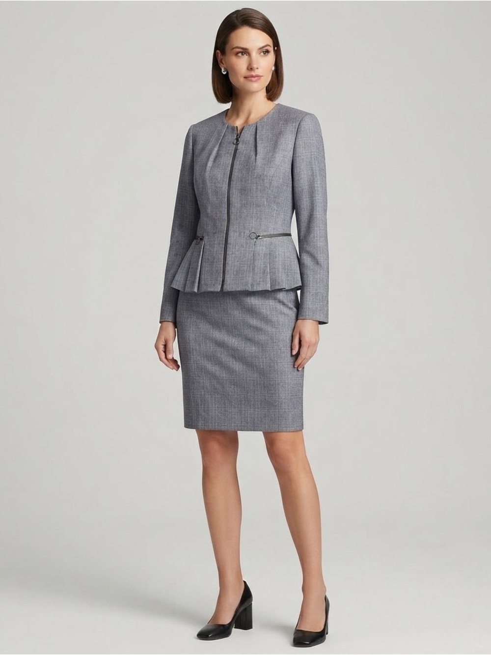 Tahari Arthur S Levine Gray Blue Plaid Zip Front Peplum Blazer Skirt Suit Set 12